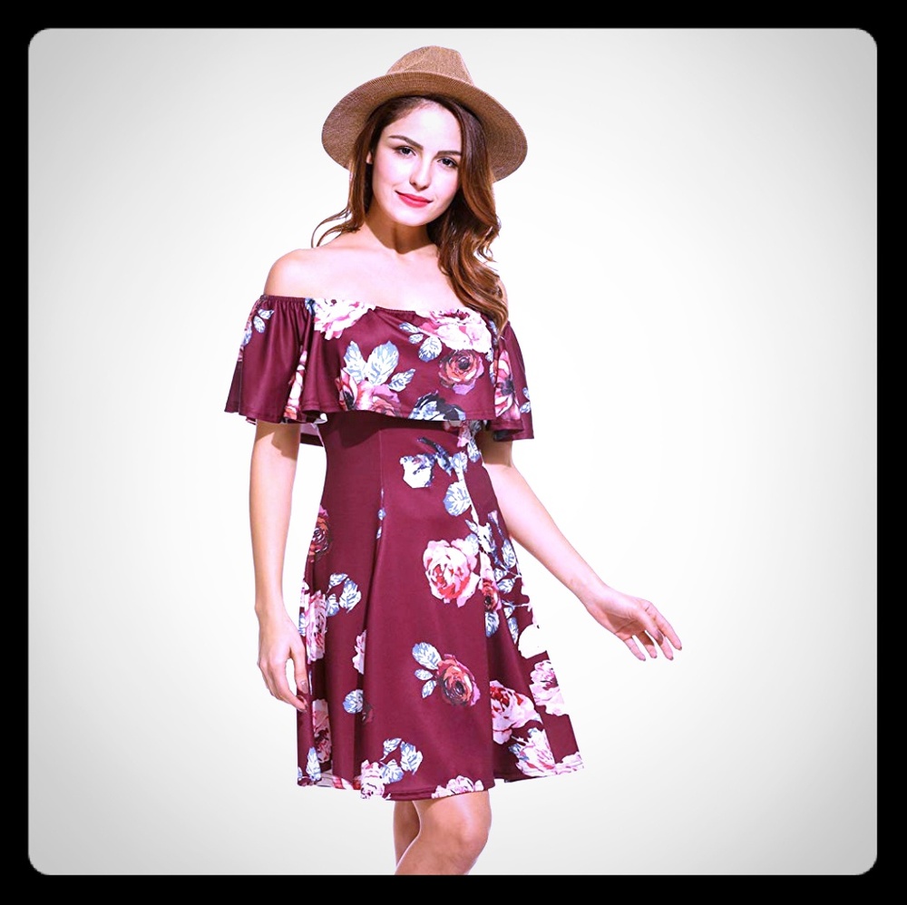Off The Shoulder Wine Colored Floral Dress
